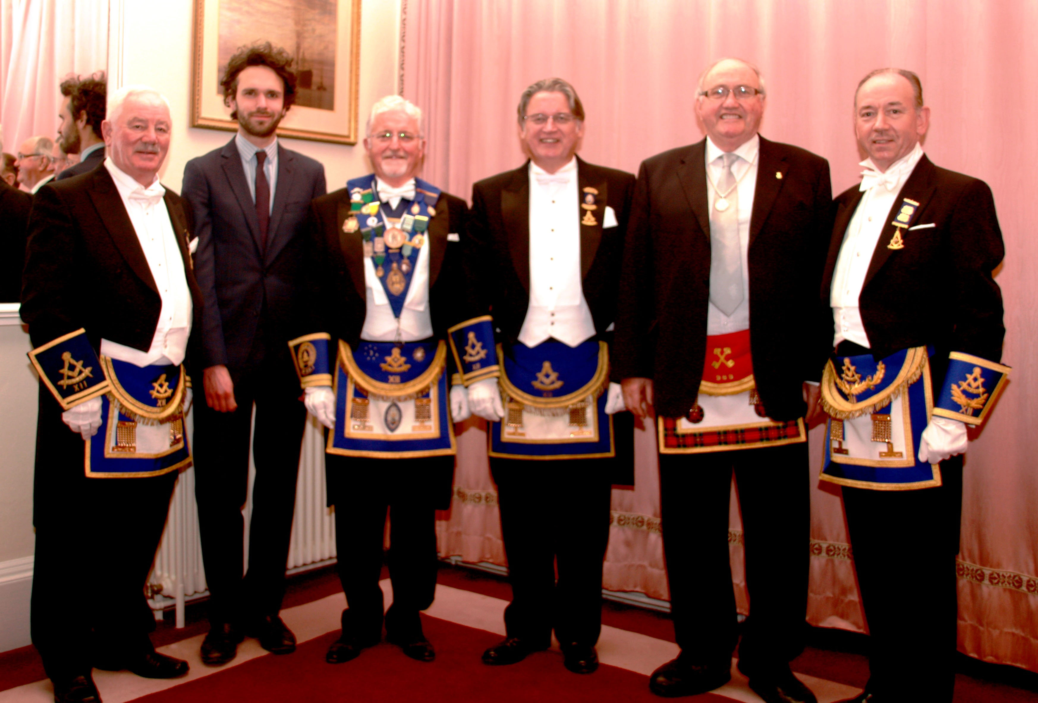 In the Provost’s Room from left Bro Kenneth K Morrison PM   Sir Ludovic Houston Shaw Stewart Bart.   Bro Allan I MacFeate RWM   Bro Iain White PM   Bro David Wilson Depute Provost   Bro Hector Macphail PM RWM Group 2