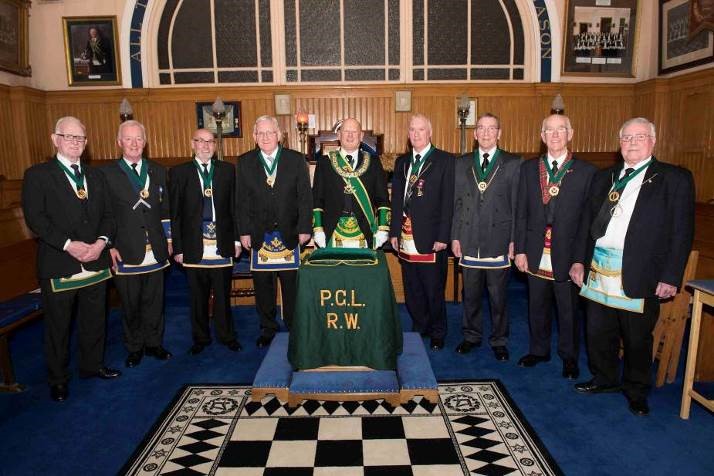 The Provincial Grand Master with the new honorary members of Provincial Grand Lodge.L-R: Brother Jim Strachan (1121), Brother Kenneth McCrae (626), Brother Eddie McGill (XII), Brother Crawford Kirkpatrick (XII), PGM, Brother Danny Blaney (217), Brother Jim McLellan (1425) Brother Bob Winning (989), Brother David McShane (175). PGL HMs